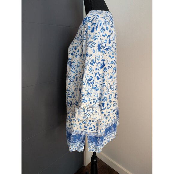 Joie Blue & White Floral 100% Linen Button-Front Roll Tab Sleeve Tunic Top - 1X - Picture 4 of 7